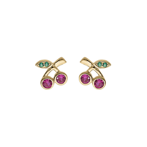 BOUCLES D'OREILLES PLAQUÉ OR  CERISE OXYDES ROUGE ET VERT