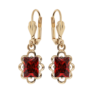 BOUCLES D'OREILLES DORMEUSE PLAQUÉ OR PIERRE SYNTHETIQUE CARRÉ ROUGE SERTI