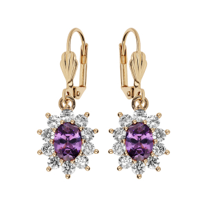 BOUCLES D'OREILLES DORMEUSE PLAQUÉ OR PIERRE SYNTHETIQUE RONDE VIOLETTE CONTOUR OXYDES BLANCS SERTIS