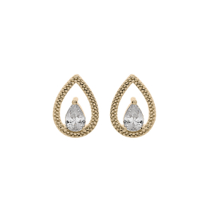 BOUCLES D'OREILLES TIGE PLAQUÉ OR FORME GOUTTE AJOURÉE OXYDE BLANC SERTI