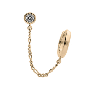 BOUCLES D'OREILLES PLAQUÉ OR 2 TROUS CREOLE 12MM AVEC ROND OXYDES BLANCS SERTIS ET CHAINETTE  (A L'UNITÉ)