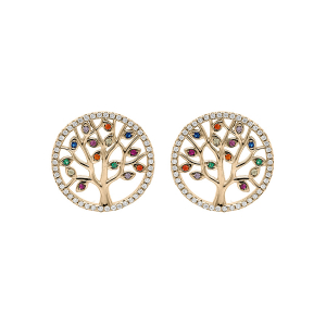 BOUCLES D'OREILLES TIGE PLAQUÉ OR ARBRE DE VIE 12MM OXYDES MULTI COULEURS ET CONTOUR OXYDES BLANCS SERTIS