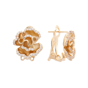 BOUCLES D'OREILLES PLAQUÉ OR TIGE ET CLIP'S FLEUR OXYDES BLANCS SERTIS