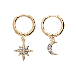 BOUCLES D'OREILLES PLAQUÉ OR PETITE CRÉOLES 1 PAMPILLE ETOILE DU NORD 1 DEMI LUNE  OXYDES BLANCS SERTIS