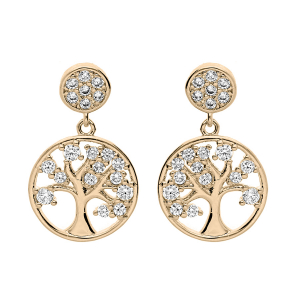 BOUCLES D'OREILLES TIGE PLAQUÉ OR ARBRE DE VIE OXYDES BLANCS SERTIS