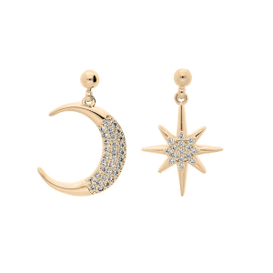 BOUCLES D'OREILLES TIGE PLAQUÉ OR 1 DEMI LUNE ET 1 ETOILE DU NORD OXYDES BLANCS SERTIS