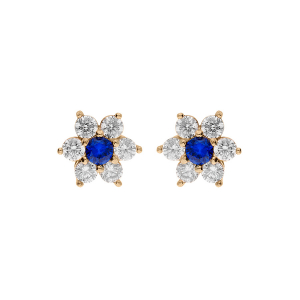 BOUCLES D'OREILLES TIGE PLAQUÉ OR FLEUR MARGUERITE OXYDES CENTRE BLEU FONCÉ ET CONTOUR BLANCS SERTIS