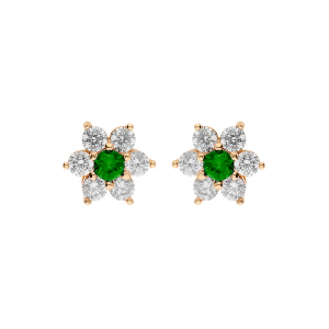 BOUCLES D'OREILLES TIGE PLAQUÉ OR FLEUR MARGUERITE OXYDES CENTRE VERT ET CONTOUR BLANCS SERTIS