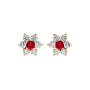 BOUCLES D'OREILLES TIGE PLAQUÉ OR FLEUR MARGUERITE OXYDES CENTRE ROUGE ET CONTOUR BLANCS SERTIS