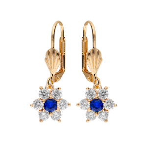 BOUCLES D'OREILLES DORMEUSE PLAQUÉ OR FLEUR MARGUERITE OXYDES CENTRE BLEU FONCÉ ET CONTOUR BLANCS SERTIS