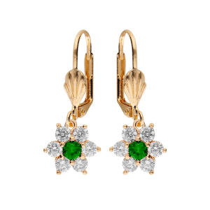BOUCLES D'OREILLES DORMEUSE PLAQUÉ OR FLEUR MARGUERITE OXYDES CENTRE VERT FONCÉ ET CONTOUR BLANCS SERTIS