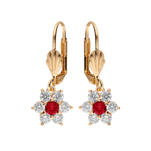 BOUCLES D'OREILLES DORMEUSE PLAQUÉ OR FLEUR MARGUERITE OXYDES CENTRE ROUGE FONCÉ ET CONTOUR BLANCS SERTIS