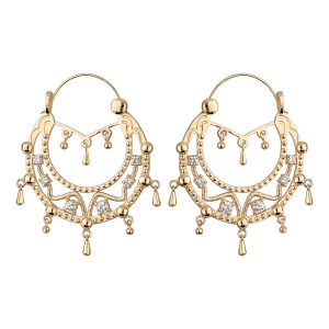 CRÉOLES ETHNIQUES PLAQUÉ OR CRISTAL BLANC AVEC CHAINETTE DIAM 45MM