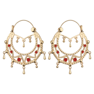 CRÉOLES ETHNIQUES PLAQUÉ OR PIERRE ROUGE AVEC CHAINETTE DIAM 45MM