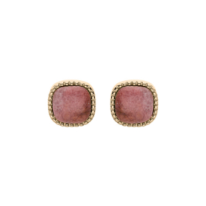 BOUCLES D'OREILLES TIGE PLAQUÉ OR CARRÉ RHODONITE VÉRITABLE