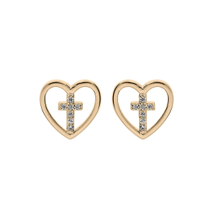 BOUCLES D'OREILLES TIGE PLAQUÉ OR COEUR AVEC CROIX OXYDES BLANCS SERTIS