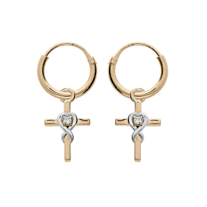 CRÉOLES PLAQUÉ OR PAMPILLE CROIX OXYDE BLANC SERTI