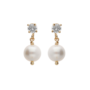 BOUCLES D'OREILLES TIGE PLAQUÉ OR OXYDE BLANCS SERTI ET PAMPILLE PERLE DE CULTURE D'EAU DOUCE