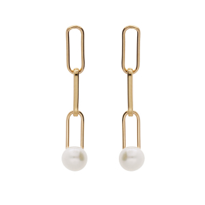 BOUCLES D'OREILLES TIGE PLAQUÉ OR 3 MAILLES RECTANGULAIRE PERLE DE CULTURE D'EAU DOUCE