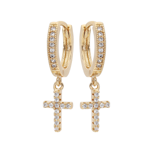 CRÉOLES PLAQUÉ OR  AVEC PAMPILLE CROIX  OXYDES BLANCS SERTIS