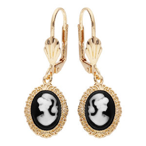 BOUCLES D'OREILLES PLAQUÉ OR CAMÉE RÉSINE NOIRE SYSTEME DORMEUSE