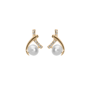 BOUCLES D'OREILLES TIGE PLAQUÉ OR PERLE DE CULTURE D'EAU DOUCE BLANCHE ET OXYDES BLANCS SERTIS