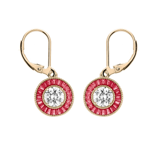 BOUCLES D'OREILLES PLAQUÉ OR DORMEUSE RONDE CENTRE OXYDE BLANC ET CONTOUR OXYDES RECTANGULAIRES ROUGES