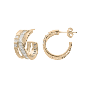 BOUCLES D'OREILLES TIGE PLAQUÉ OR CRÉOLES CROISÉES OXYDES BLANCS SERTIS