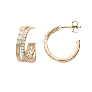 BOUCLES D'OREILLES TIGE PLAQUÉ_OR CRÉOLES CROISÉES OXYDES BLANCS SERTIS