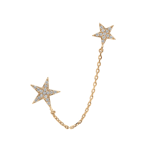 BOUCLES D'OREILLES TIGE PLAQUÉ OR 2 TROUS DOUBLE ETOILE OXYDES BLANCS SERTIS AVEC CHAINETTE (POUR 2 TROUS)  (VENDU A L'UNITÉ)