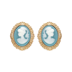 BOUCLES D'OREILLES TIGE PLAQUÉ OR CAMÉE RÉSINE BLEUE  12MM X 14MM