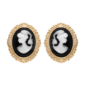 BOUCLES D'OREILLES TIGE PLAQUÉ OR CAMÉE RÉSINE NOIRE 12MM X 14MM