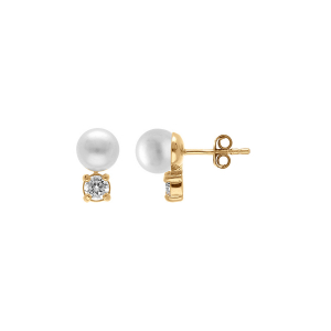 BOUCLES D'OREILLES TIGE PLAQUÉ OR PERLE D'EAU DOUCE BLANCHE DE CULTURE ET OXYDE BLANC SERTI