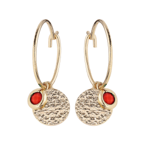 BOUCLES D'OREILLES TIGE PLAQUÉ OR PAMPILLES PIERRES SYNTHETIQUE COULEUR CORAIL AVEC PASTILLE ANTIQUE