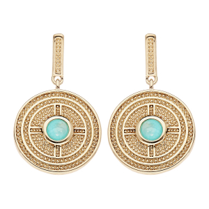 BOUCLES D'OREILLES TIGE  PLAQUÉ OR FORME RONDE MOTIF GEOMETRIQUE PIERRE AMAZONITE VÉRITABLE