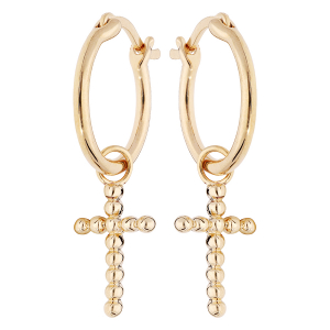 BOUCLES D'OREILLES PLAQUÉ OR CRÉOLES 12MM AVEC CROIX BOULE