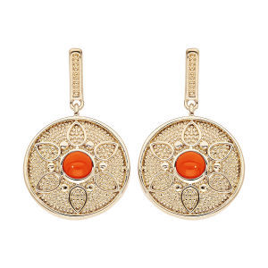 BOUCLES D'OREILLES TIGE PLAQUÉ OR FORME RONDE MOTIF FLEUR PIERRE SYNTHETIQUE COULEUR CORAIL