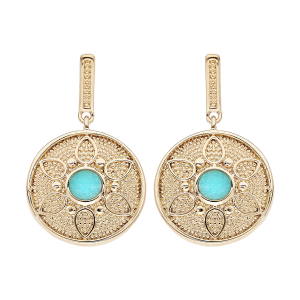 BOUCLES D'OREILLES TIGE PLAQUÉ OR FORME RONDE MOTIF FLEUR PIERRE SYNTHETIQUE COULEUR TURQUOISE