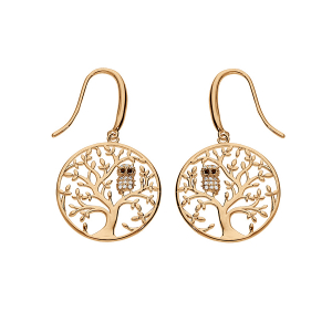 BOUCLES D'OREILLES PLAQUÉ OR ARBRE DE VIE AVEC HIBOU -  CHOUETTE EMPIERRÉ