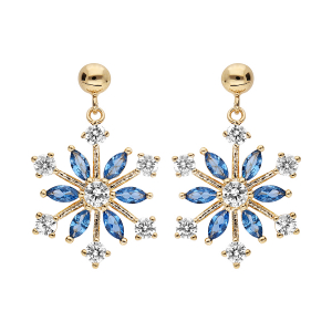 BOUCLES D'OREILLES TIGE PLAQUÉ OR FLOCON DE NEIGE OXYDES BLANCS SERTIS ET NAVETTES BLEUES