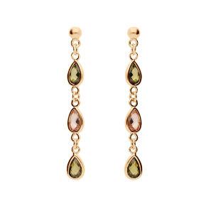 BOUCLES D'OREILLES TIGE PLAQUÉ OR PENDANTES GOUTTES OXYDES VERTS ET ORANGÉ