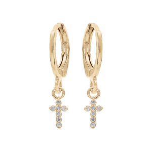 BOUCLES D'OREILLES CRÉOLES PLAQUÉ OR ARTICULÉE PAMPILLE CROIX OXYDES BLANCS SERTIS