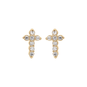 BOUCLES D'OREILLES TIGE PLAQUÉ OR PUCES  CROIX OXYDES BLANCS SERTIS DIM 6 X 3 MM