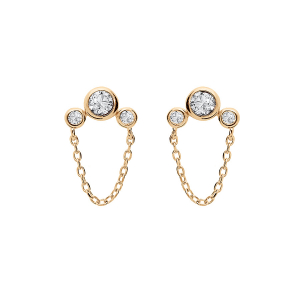 BOUCLES D'OREILLES TIGE PLAQUÉ OR  3 OXYDES BLANCS SERTIS ET CHAINETTE