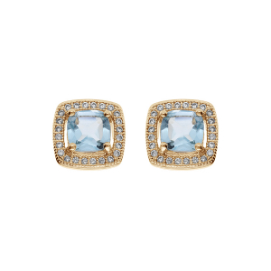 BOUCLES D'OREILLES TIGE PLAQUÉ OR MASSIF PIERRE CARRÉ TOPAZE BLEUE VÉRITABLE CONTOUR OXYDES BLANCS SERTIS