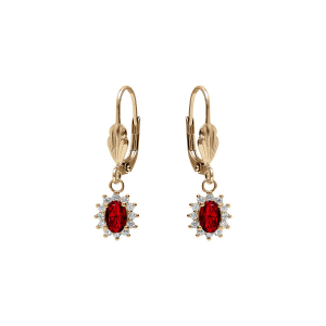 BOUCLES D'OREILLES DORMEUSE PLAQUÉ OR OXYDE CENTRAL ROUGE FONCE ENTOURAGE OXYDES BLANCS 7.5MM X 9.5MM