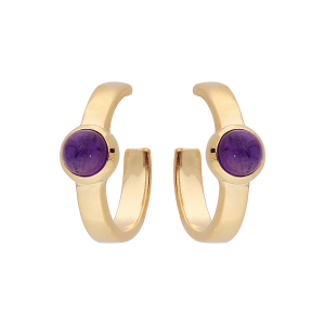 BOUCLES D'OREILLES TIGE CRÉOLES PLAQUÉ OR CABOCHON AMETHYSTE VÉRITABLE