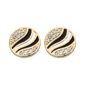 BOUCLES D'OREILLES TIGE PLAQUÉ OR PUCE OXYDES BLANCS ET RÉSINE NOIRE ET BLANCHE
