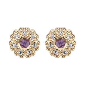 BOUCLES D'OREILLES TIGE PLAQUÉ OR PUCE FLEUR CABOCHON IOLITE VÉRITABLE ET OXYDES BLANCS SERTIS
