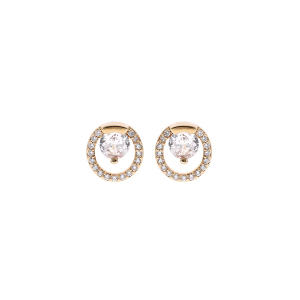 BOUCLES D'OREILLES TIGE PLAQUÉ OR CERCLE OXYDES BLANCS SERTIS ET 1 OXYDE CENTRAL BLANC SERTI GRIFFES
